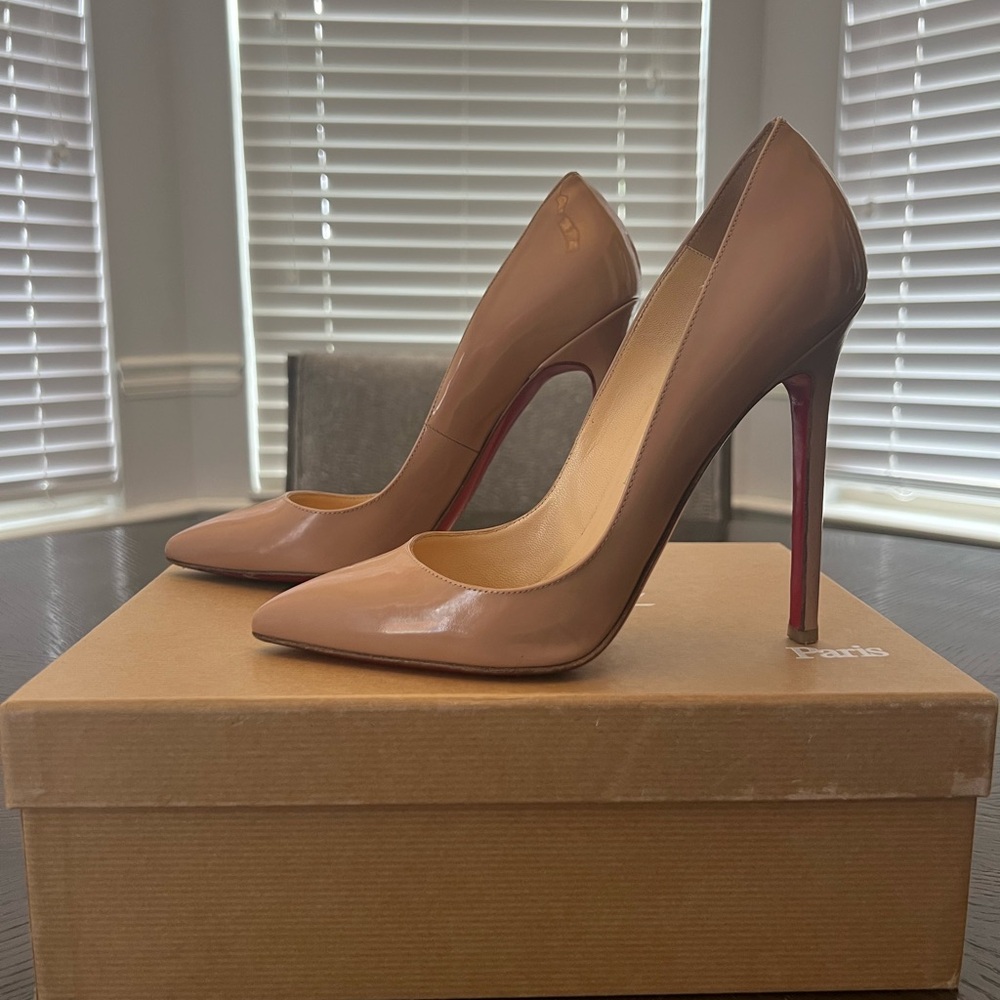 120mm Christian Louboutin So Kate Nude Patent Leather Pumps